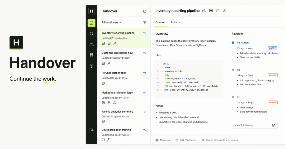 Handover workspace showing a versioned inventory reporting pipeline