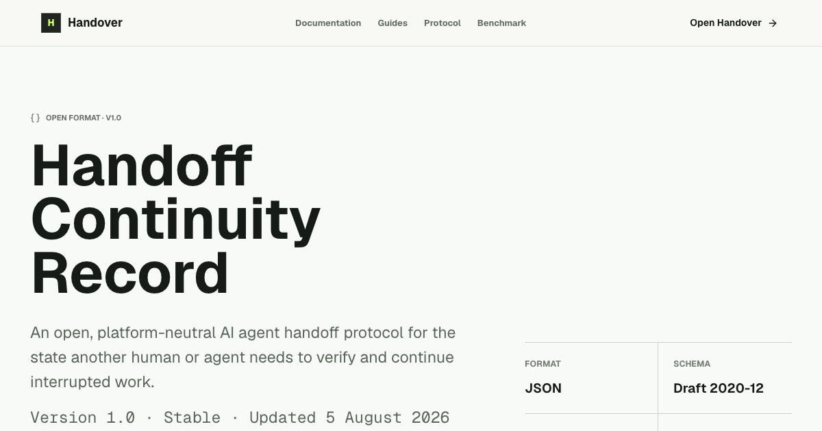 Open Handoff Continuity Record protocol for durable AI agent context