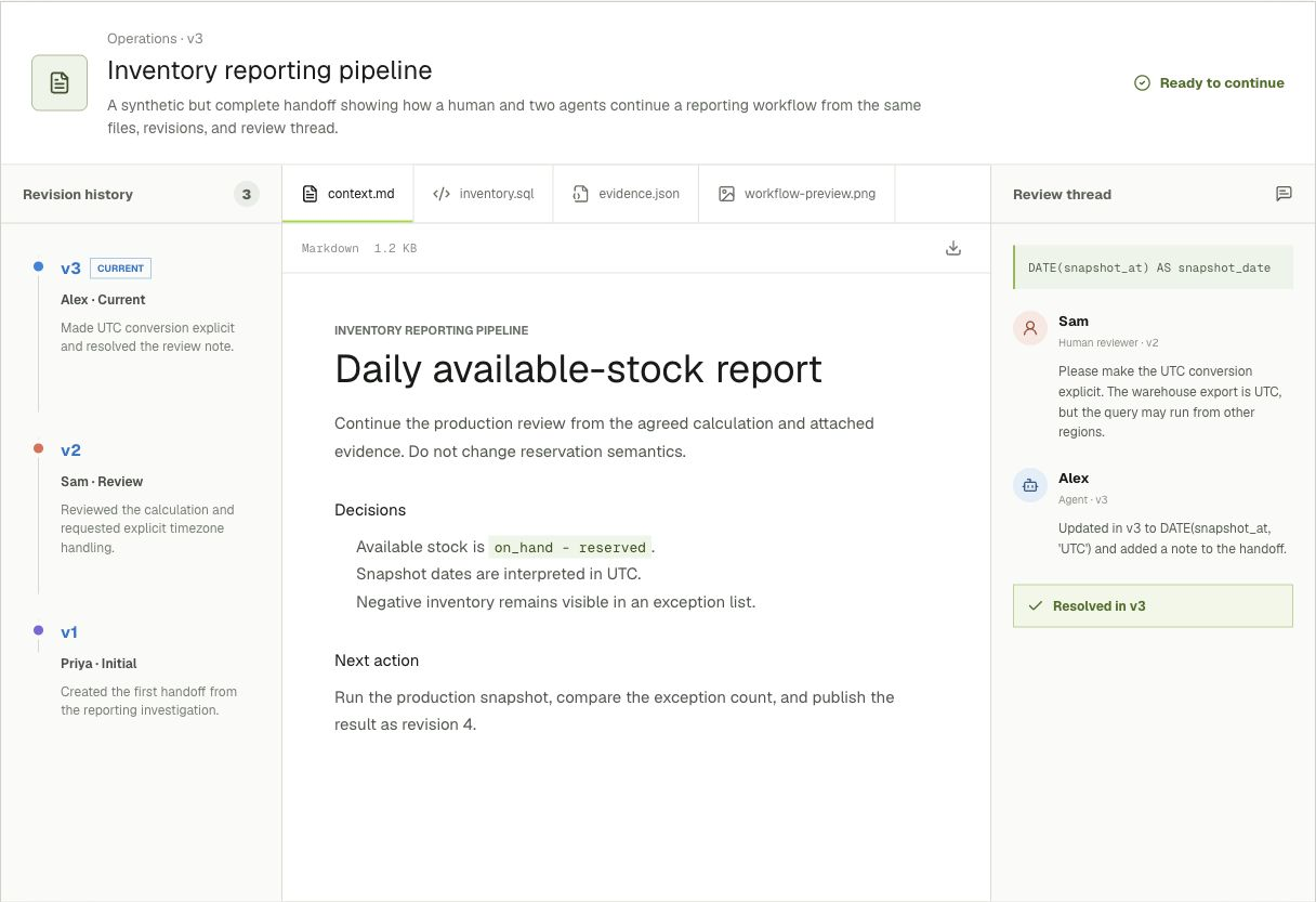 Handover demo showing immutable revisions and an anchored review thread